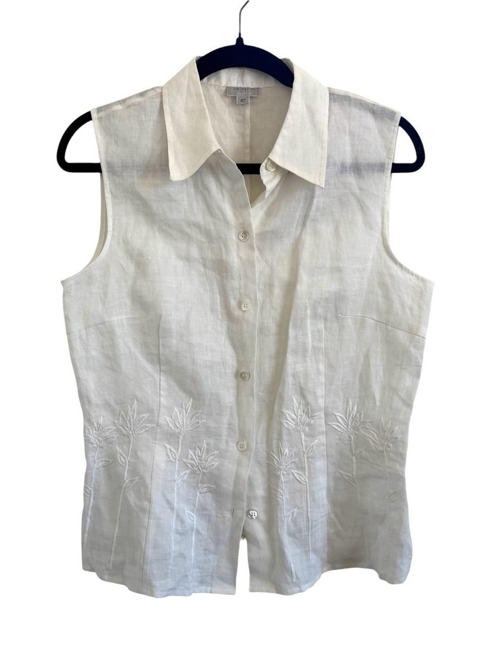 Cortefiel Collection Sleeveless White Linen Button-Up Top with Embroidered Hem